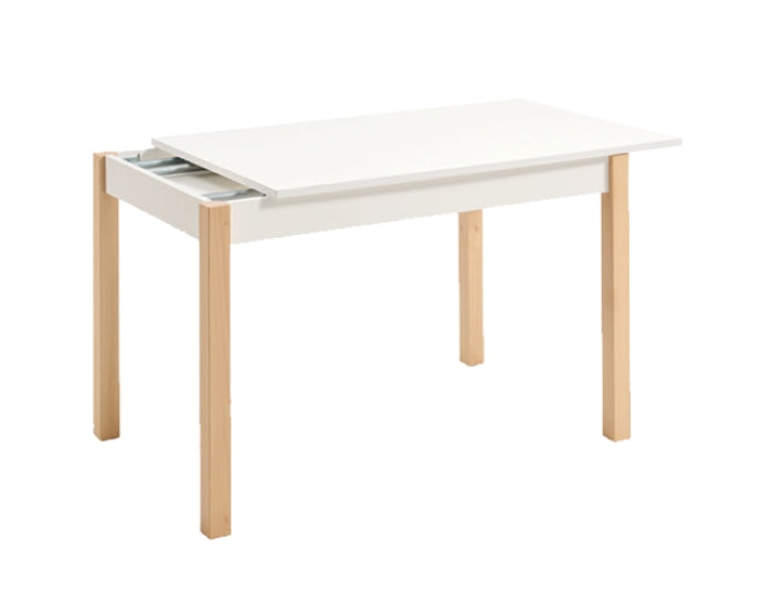 V VELASCO Mesa de Cocina Extensible Arona Mesa de Comedor Rectangular 120x80 cm a 180x80 cm | Encimera Blanca Laminada y Patas de Madera de Haya Natural | Estilo Nórdico Escandinavo