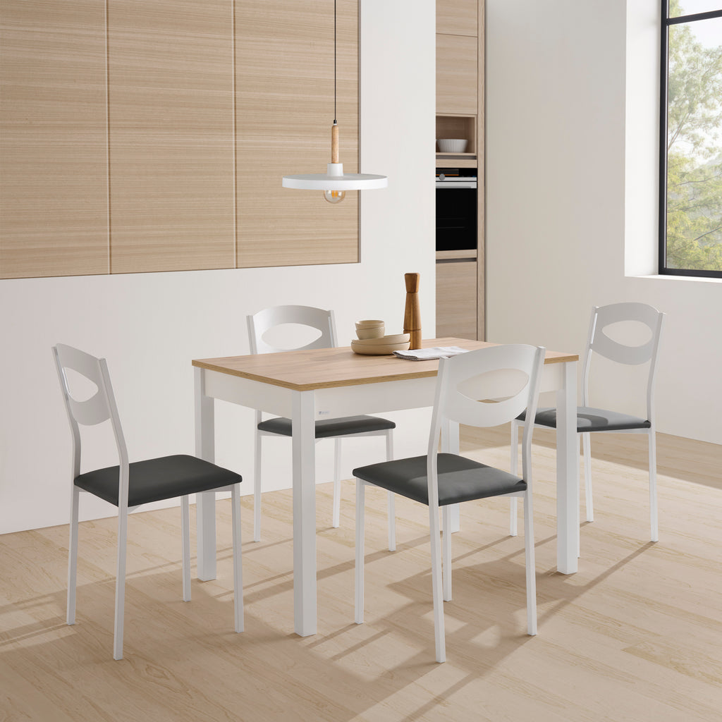 V VELASCO Mesa de Comedor y Cocina Extensible Arona | Mesa Rectangular Grande Estilo Nórdico | Encimera Madera Roble Hércules 120x80 cm (Abierta 180x80 cm) | Armazón Laminado y Patas Blancas
