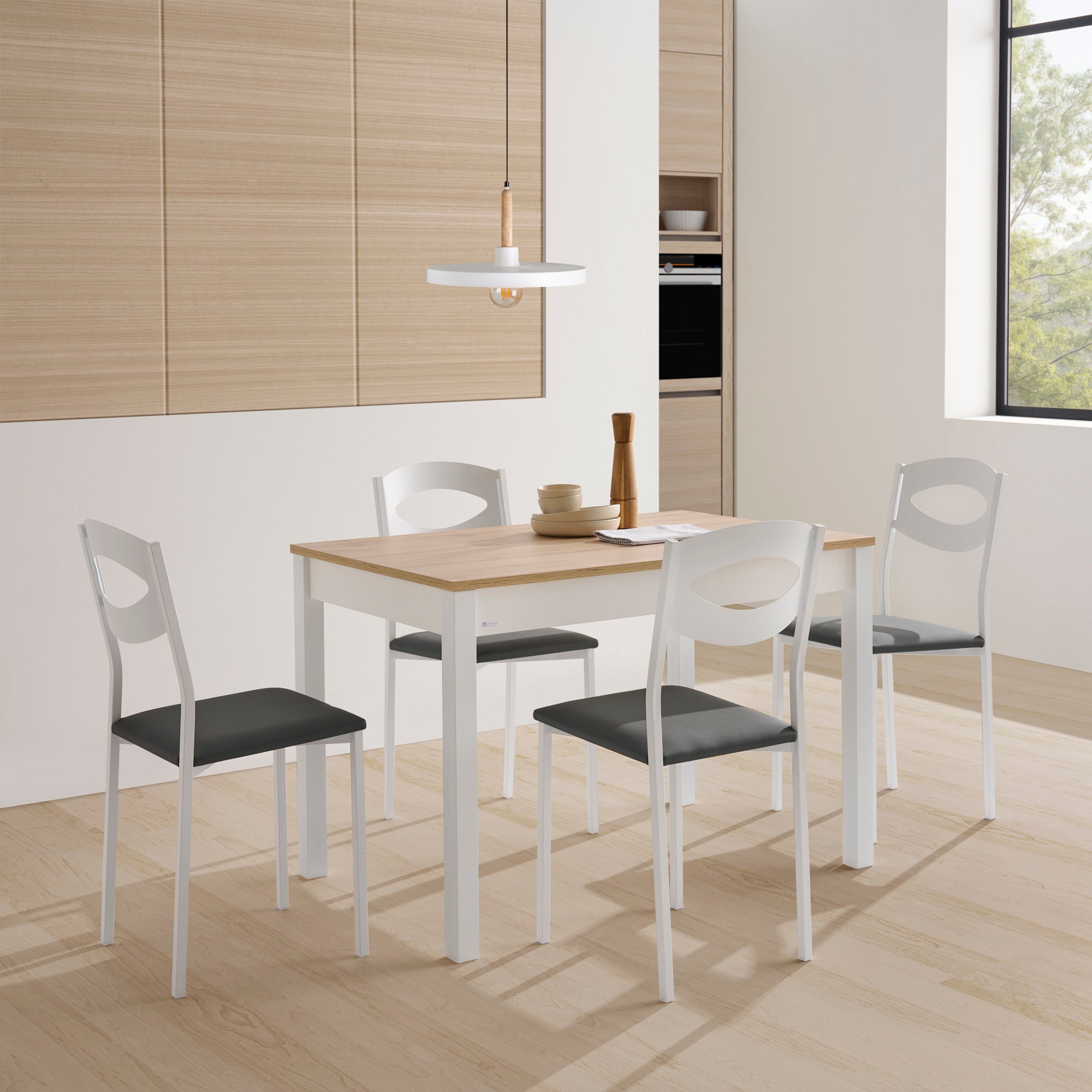 V VELASCO Mesa de Comedor y Cocina Extensible Arona | Mesa Rectangular Grande Estilo Nórdico | Encimera Madera Roble Hércules 120x80 cm (Abierta 180x80 cm) | Armazón Laminado y Patas Blancas