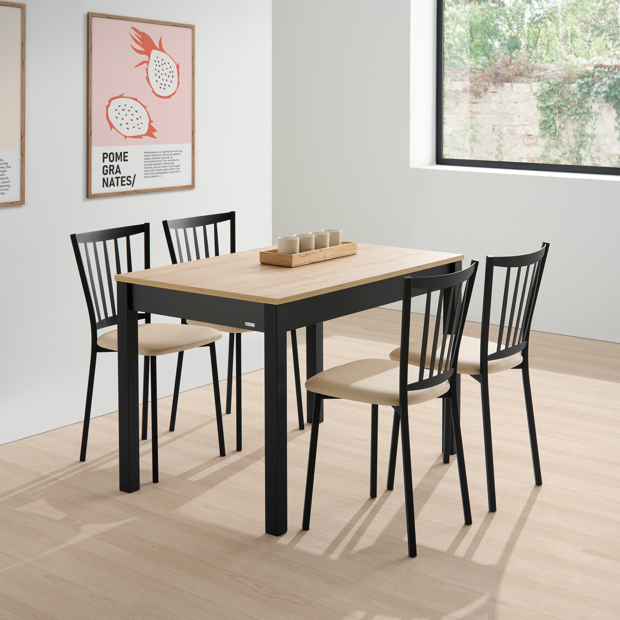 V VELASCO Mesa de Comedor Extensible Arona | Mesa de Cocina Moderna de Madera Roble y Patas Negras | Mesa Extensible Salón Rectangular (120-180 x 80 cm)