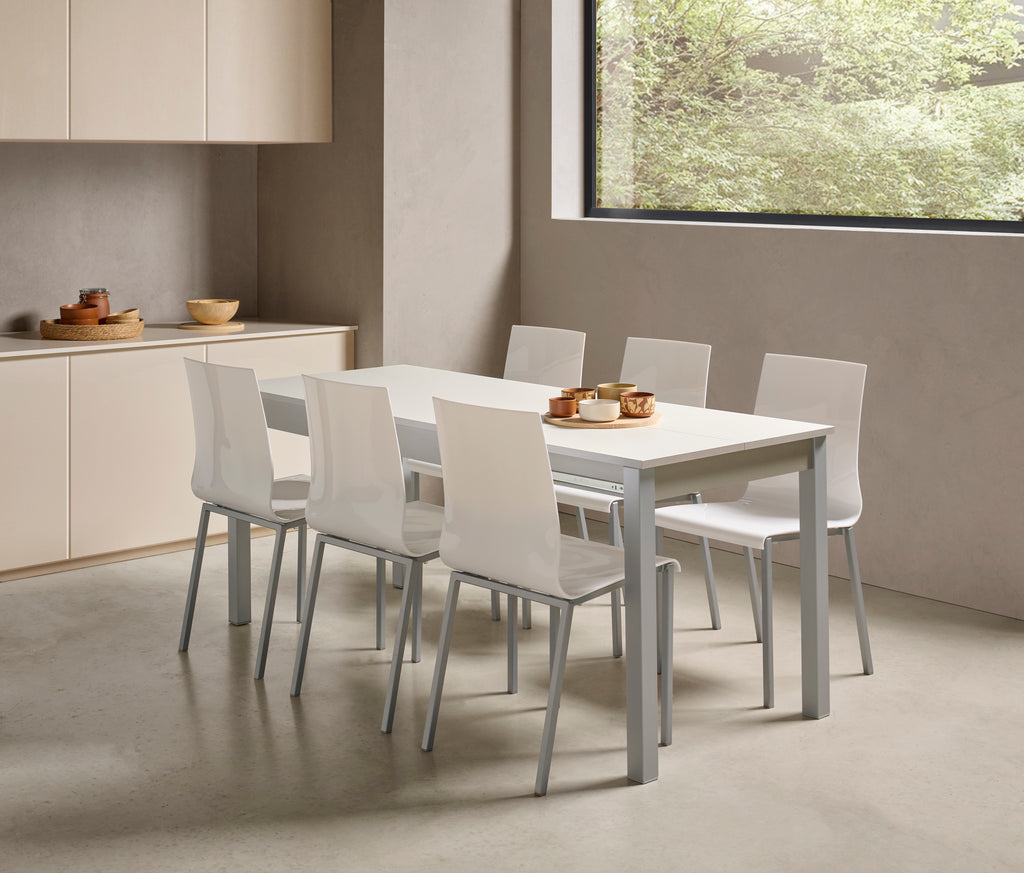 V VELASCO Mesa de Cocina Extensible Atenas (120 a 180 cm) | Mesa Comedor Rectangular con Encimera Laminada Blanca de 19mm, Armazón y Patas Metálicas Color Aluminio para Interior