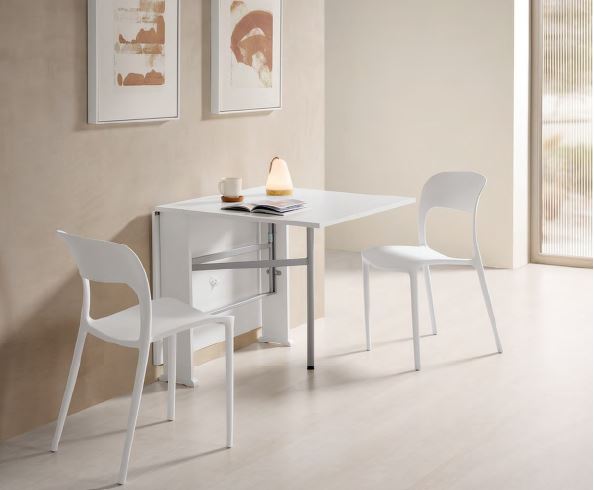 V VELASCO Mesa Consola Extensible BEA Blanco | Mesa de Cocina Abatible con 2 Alas Plegables | Recibidor Estrecho 77x20 cm Convertible en Mesa de Comedor de 77x83 y 77x150 cm | Patas de Metal Aluminio
