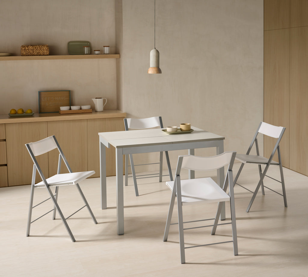 V VELASCO Mesa de Cocina Extensible Elda | Mesa Comedor de Madera Laminada Blanca y Patas Metálicas de Aluminio, Apertura Frontal Telescópica (Cerrada: 100x45 cm/Abierta: 100x75 cm)