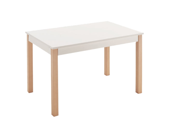 V VELASCO Mesa de Comedor Rectangular Nadia | Mesa de Cocina Nórdica para 4 Comensales (110x70x75 cm) | Escritorio de Madera Madera Maciza de Haya y Encimera Blanca Fija | Ideal para Pisos Pequeños.
