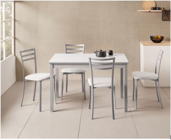V VELASCO Mesa Cocina Fija Niza Mesa Comedor Rectangular Moderna 4 Comensales | Encimera Blanca Laminada Armazón Aluminio Patas Metálicas | Mueble Ideal Apartamentos Espacios Pequeños 110x70x75cm