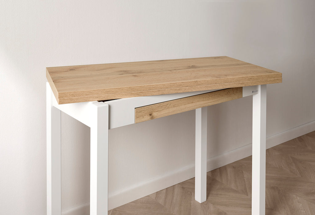 V VELASCO Mesa de Cocina Libro Nube (120-180 cm) | Mesa Comedor Moderna 6-8 Personas con Cajón | Madera Roble Hércules y Patas Metálicas Blancas