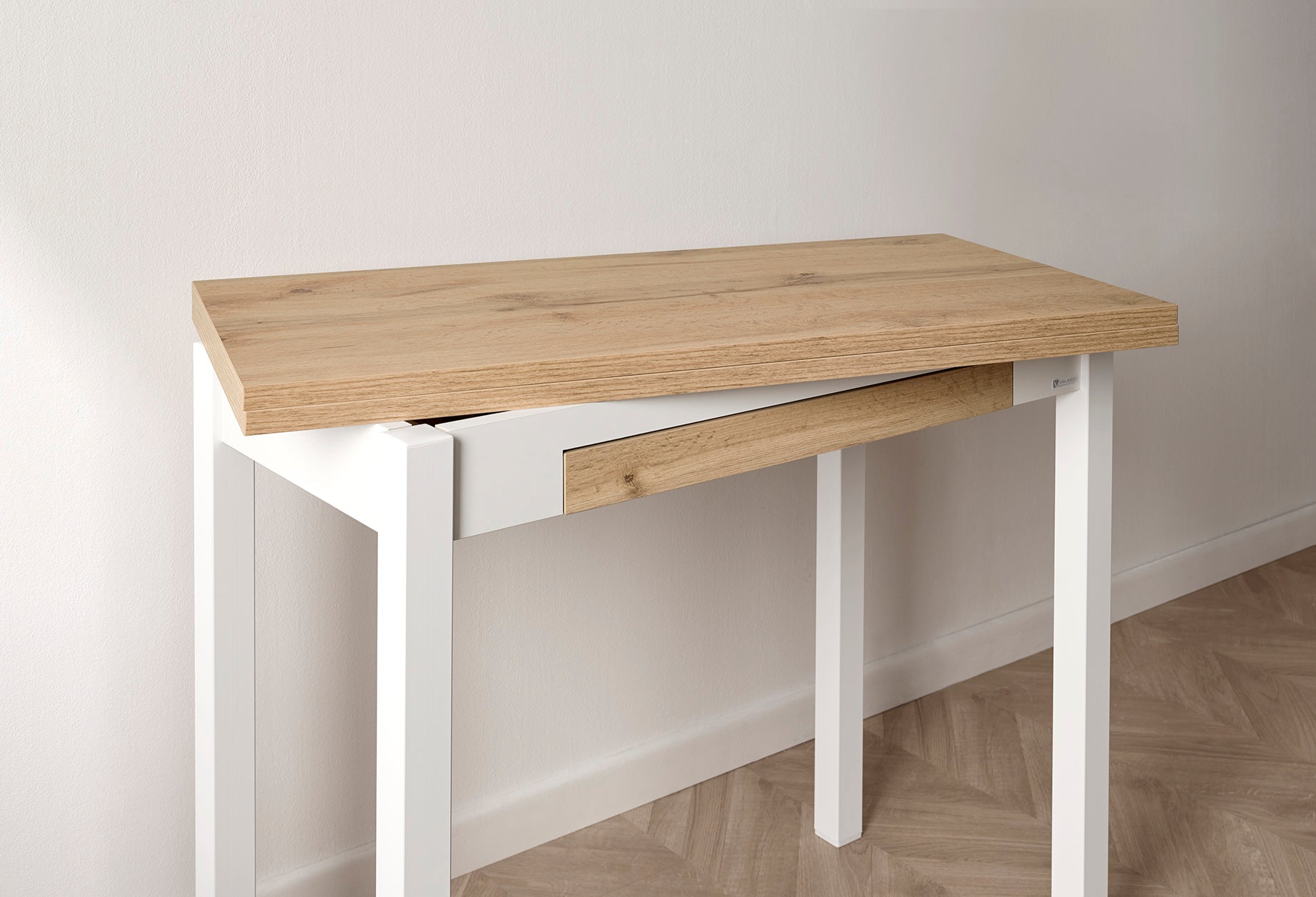 V VELASCO Mesa de Cocina Libro Nube (120-180 cm) | Mesa Comedor Moderna 6-8 Personas con Cajón | Madera Roble Hércules y Patas Metálicas Blancas