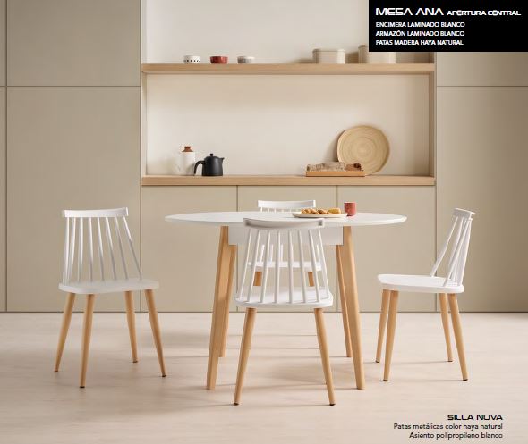 V VELASCO Mesa de Comedor Redonda Extensible Ana (90 a 115 cm) | Mesa de Cocina Nórdica de Madera de Haya Maciza | Tablero Blanco Premium Satinado, Estilo Escandinavo para Espacios Pequeños