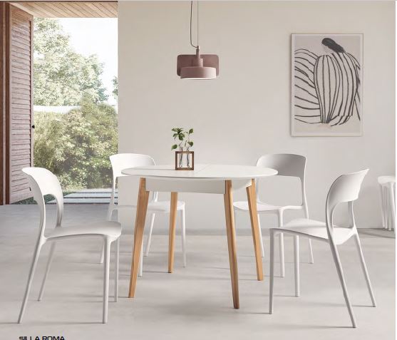 V VELASCO Mesa de Comedor Redonda Extensible Ana (90 a 115 cm) | Mesa de Cocina Nórdica de Madera de Haya Maciza | Tablero Blanco Premium Satinado, Estilo Escandinavo para Espacios Pequeños
