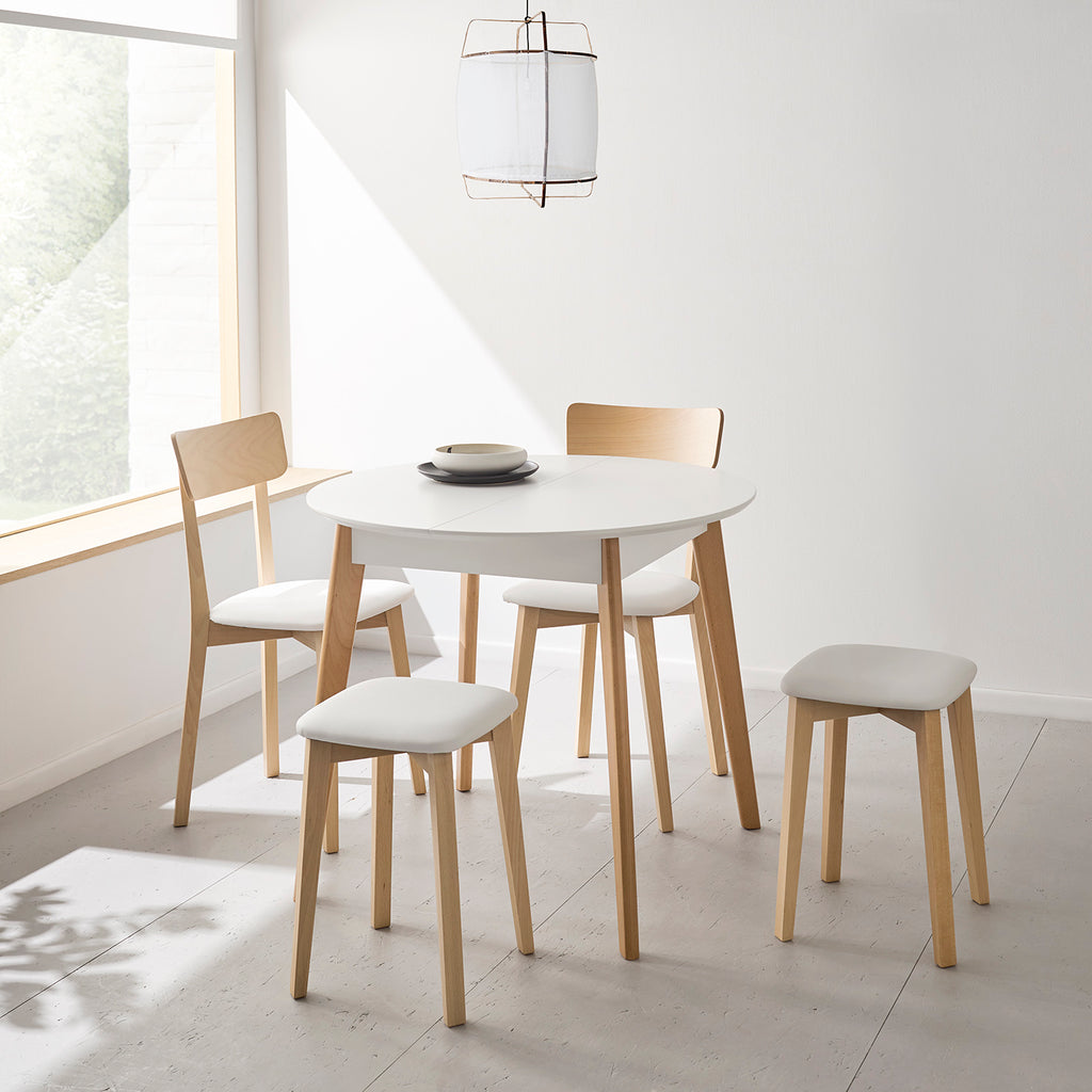 V VELASCO Mesa de Comedor Redonda Extensible Ana (90 a 115 cm) | Mesa de Cocina Nórdica de Madera de Haya Maciza | Tablero Blanco Premium Satinado, Estilo Escandinavo para Espacios Pequeños