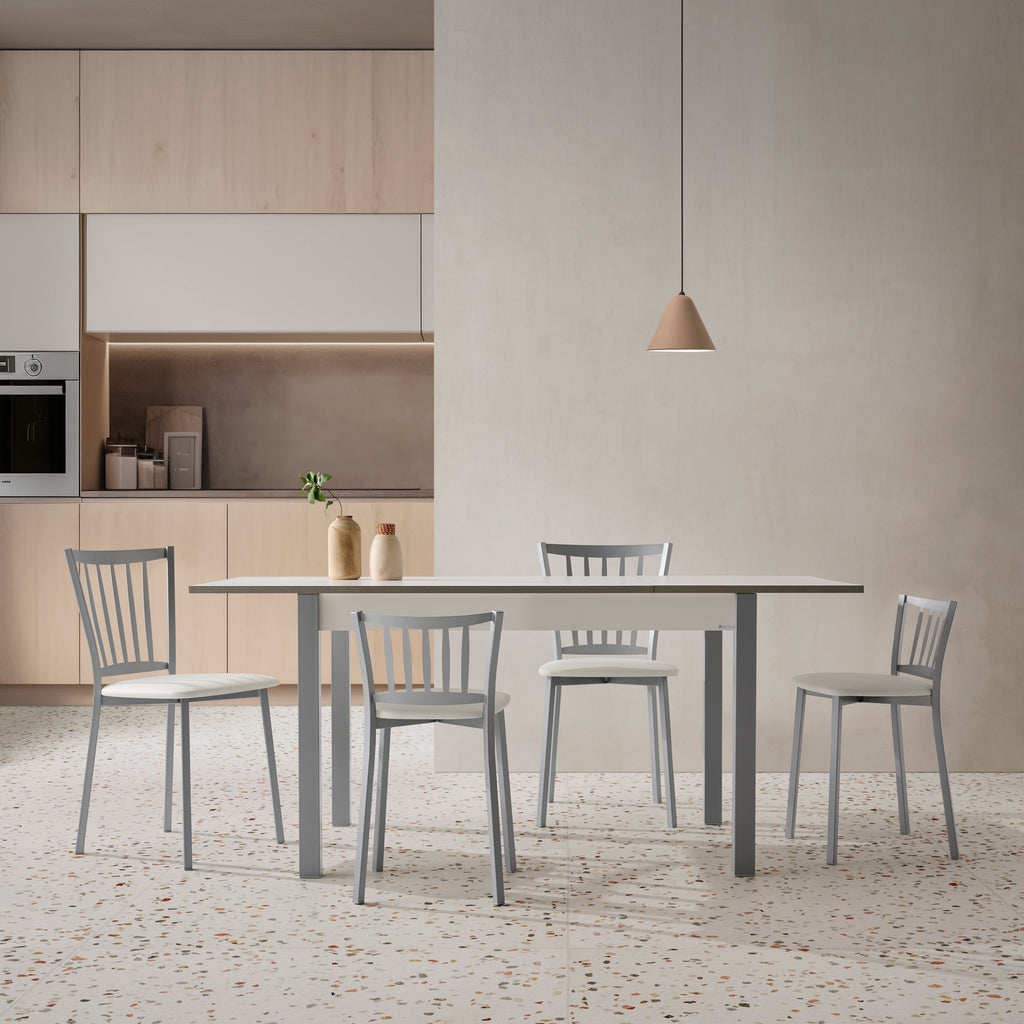 V VELASCO Mesa de Cocina Extensible Arona | Mesa de Comedor Rectangular 100x60 cm a 140x60 cm | Encimera Blanca con Armazón y Patas Metálicas de Color Aluminio, Diseño Moderno para Espacios Pequeños