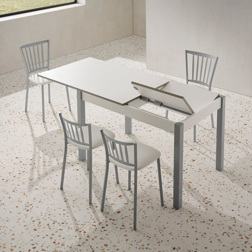 V VELASCO Mesa de Cocina Extensible Arona | Mesa de Comedor Rectangular 100x60 cm a 140x60 cm | Encimera Blanca con Armazón y Patas Metálicas de Color Aluminio, Diseño Moderno para Espacios Pequeños