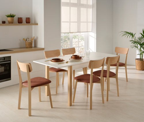 V VELASCO Mesa de Cocina Extensible Arona Mesa de Comedor Compacta 100x60 cm a 140x60 cm | Encimera Blanca Laminada y Patas de Madera de Haya | Estilo Nórdico para Espacios Pequeños