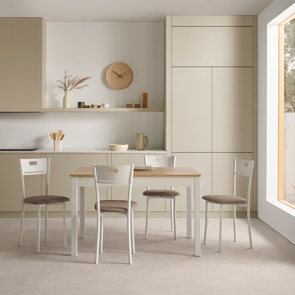 V VELASCO Mesa de Comedor y Cocina Extensible Arona | Mesa Rectangular Grande Estilo Nórdico | Encimera Madera Roble Hércules 120x80 cm (Abierta 180x80 cm) | Armazón Laminado y Patas Blancas