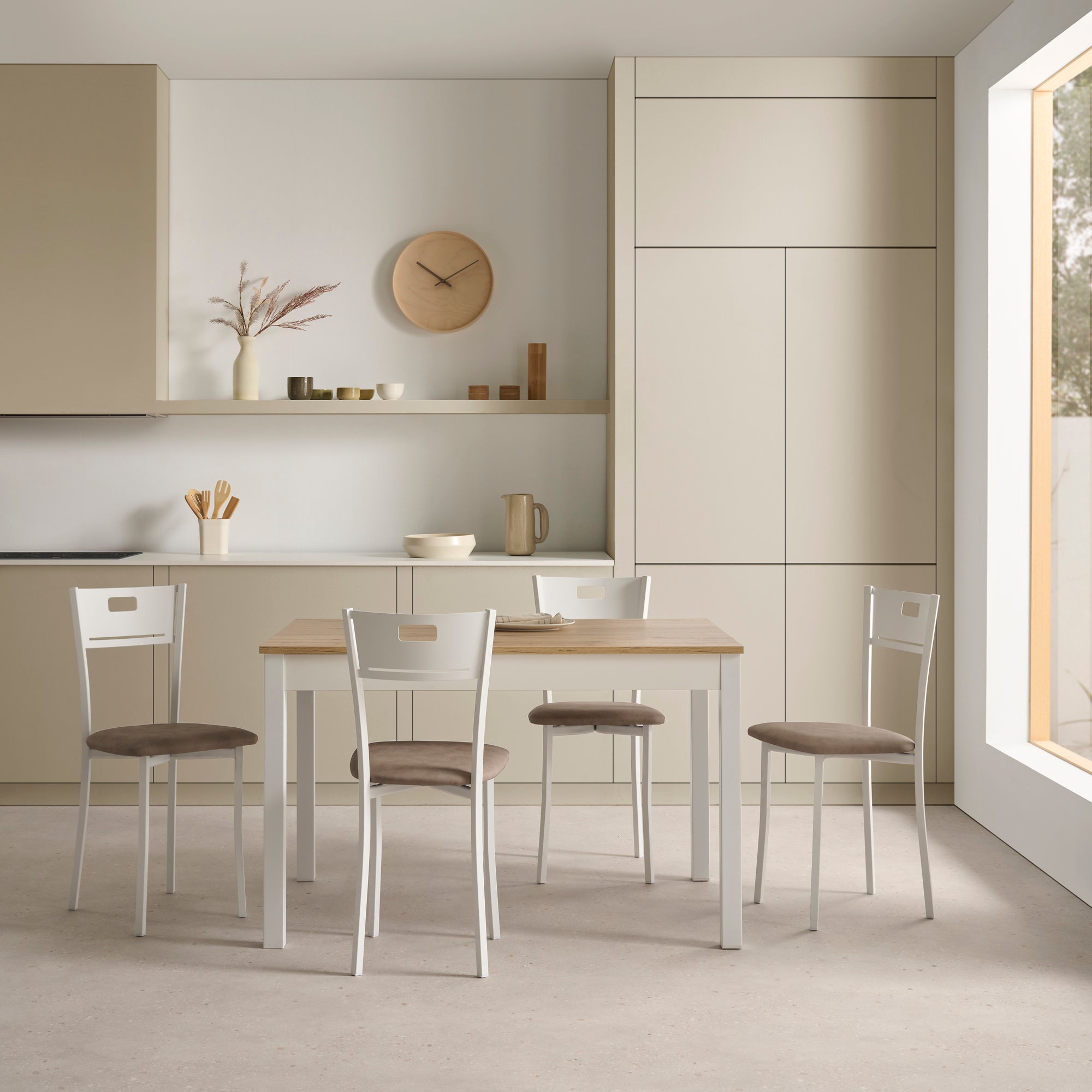 V VELASCO Mesa de Comedor y Cocina Extensible Arona | Mesa Rectangular Grande Estilo Nórdico | Encimera Madera Roble Hércules 120x80 cm (Abierta 180x80 cm) | Armazón Laminado y Patas Blancas