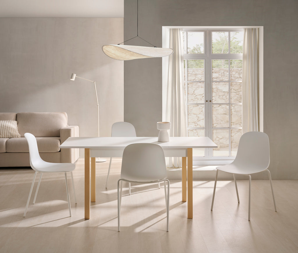 V VELASCO Mesa de Cocina Extensible Arona Mesa de Comedor Rectangular 120x80 cm a 180x80 cm | Encimera Blanca Laminada y Patas de Madera de Haya Natural | Estilo Nórdico Escandinavo