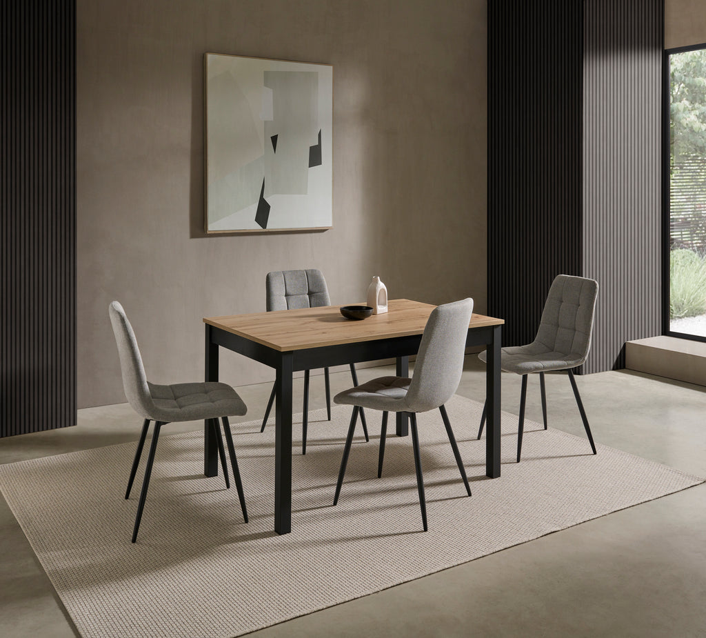 V VELASCO Mesa de Comedor Extensible Arona | Mesa de Cocina Moderna de Madera Roble y Patas Negras | Mesa Extensible Salón Rectangular (120-180 x 80 cm)