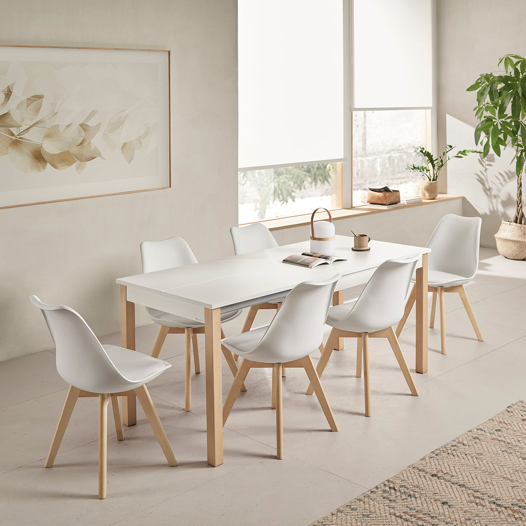V VELASCO Mesa de Cocina Extensible Atenas (120 a 180 cm) | Mesa Comedor Rectangular con Encimera Laminada Blanca de 19mm, Cantos de Aluminio y Patas de Madera de Haya Natural 5x5 cm para Interior