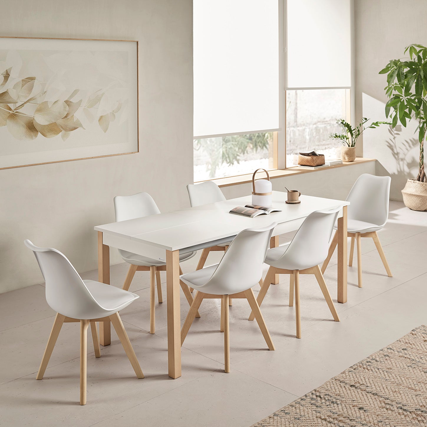 V VELASCO Mesa de Cocina Extensible Atenas (120 a 180 cm) | Mesa Comedor Rectangular con Encimera Laminada Blanca de 19mm, Cantos de Aluminio y Patas de Madera de Haya Natural 5x5 cm para Interior