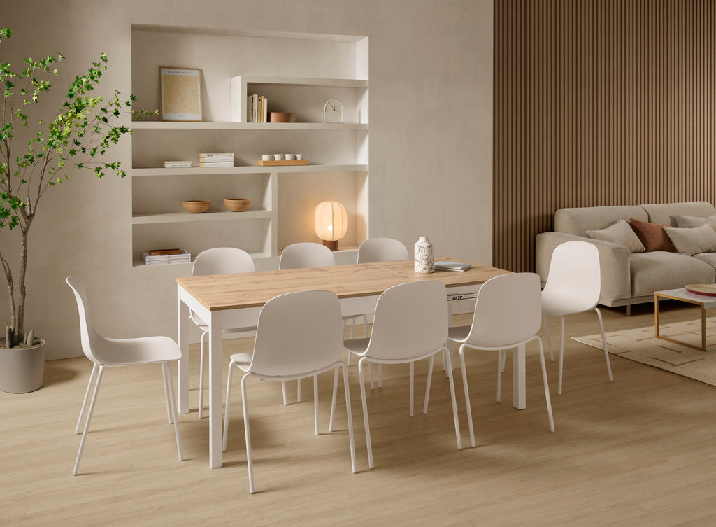V VELASCO Mesa de Cocina Extensible Atenas | Mesa de Comedor Nórdica Pequeña para Pisos | Mesa Extensible Madera Roble y Patas Blancas Rectangular (110-170 x 70 cm)