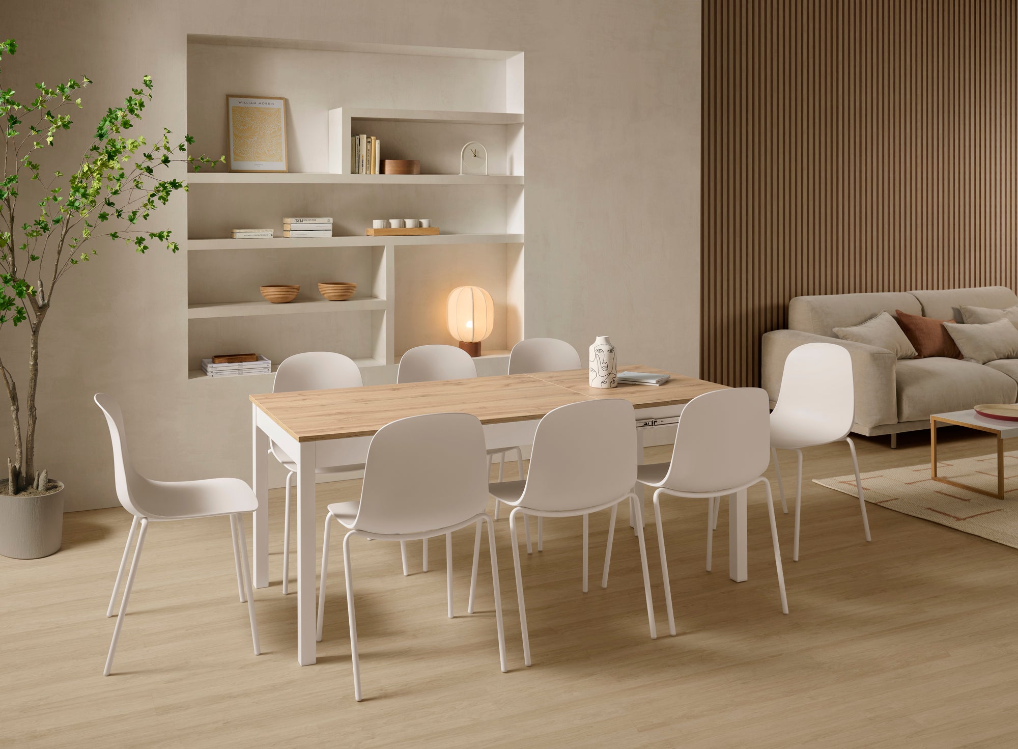 V VELASCO Mesa de Cocina Extensible Atenas | Mesa de Comedor Nórdica Pequeña para Pisos | Mesa Extensible Madera Roble y Patas Blancas Rectangular (110-170 x 70 cm)