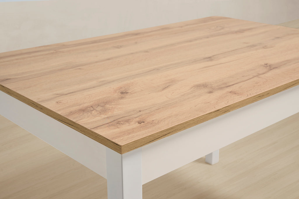 V VELASCO Mesa de Cocina Extensible Atenas | Mesa de Comedor Nórdica Pequeña para Pisos | Mesa Extensible Madera Roble y Patas Blancas Rectangular (110-170 x 70 cm)