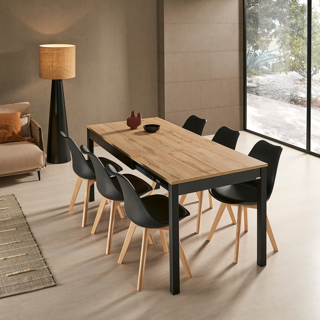 V VELASCO Mesa de Cocina Extensible Atenas | Mesa de Comedor Pequeña Industrial de Madera Roble y Patas Negras | Mesa Extensible Salón Rectangular Compacta (110-170 x 70 cm)