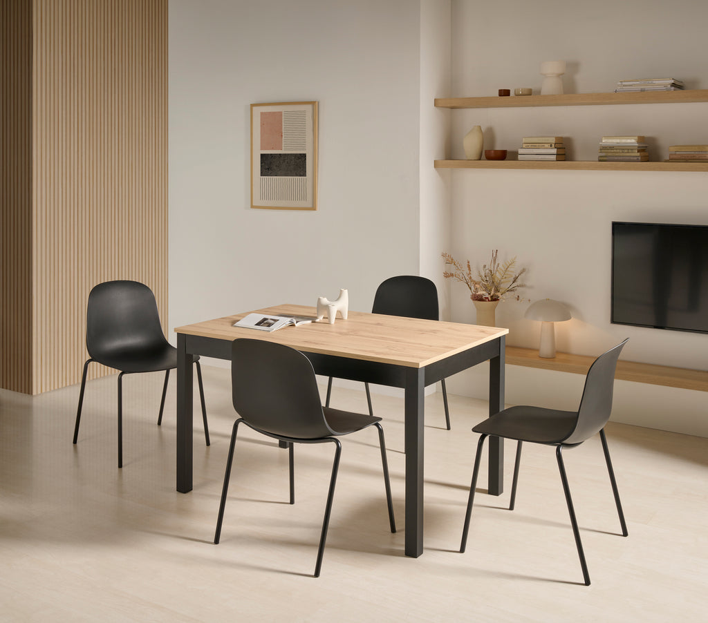 V VELASCO Mesa de Cocina Extensible Atenas | Mesa de Comedor Pequeña Industrial de Madera Roble y Patas Negras | Mesa Extensible Salón Rectangular Compacta (110-170 x 70 cm)
