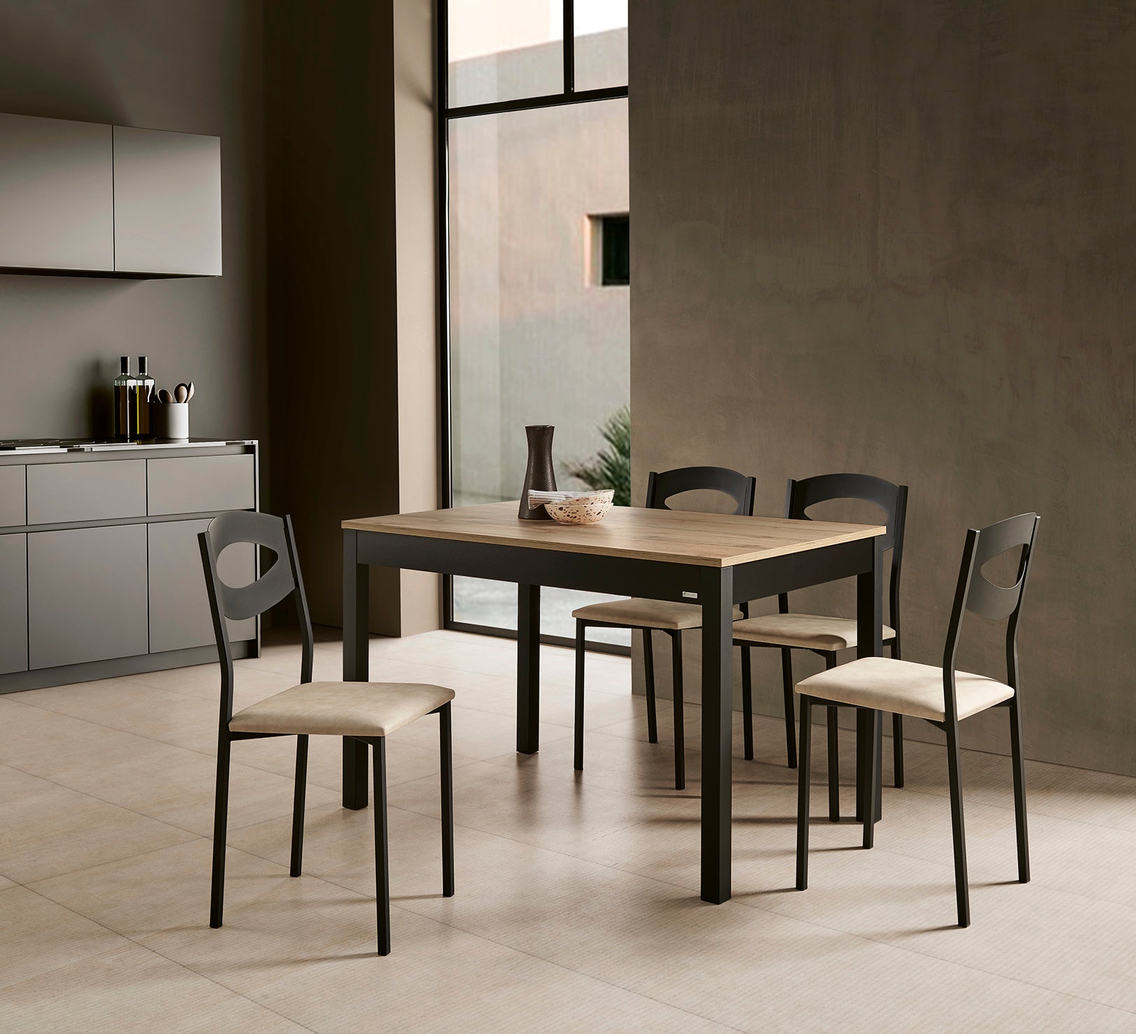 V VELASCO Mesa de Cocina Extensible Atenas | Mesa de Comedor Pequeña Industrial de Madera Roble y Patas Negras | Mesa Extensible Salón Rectangular Compacta (110-170 x 70 cm)