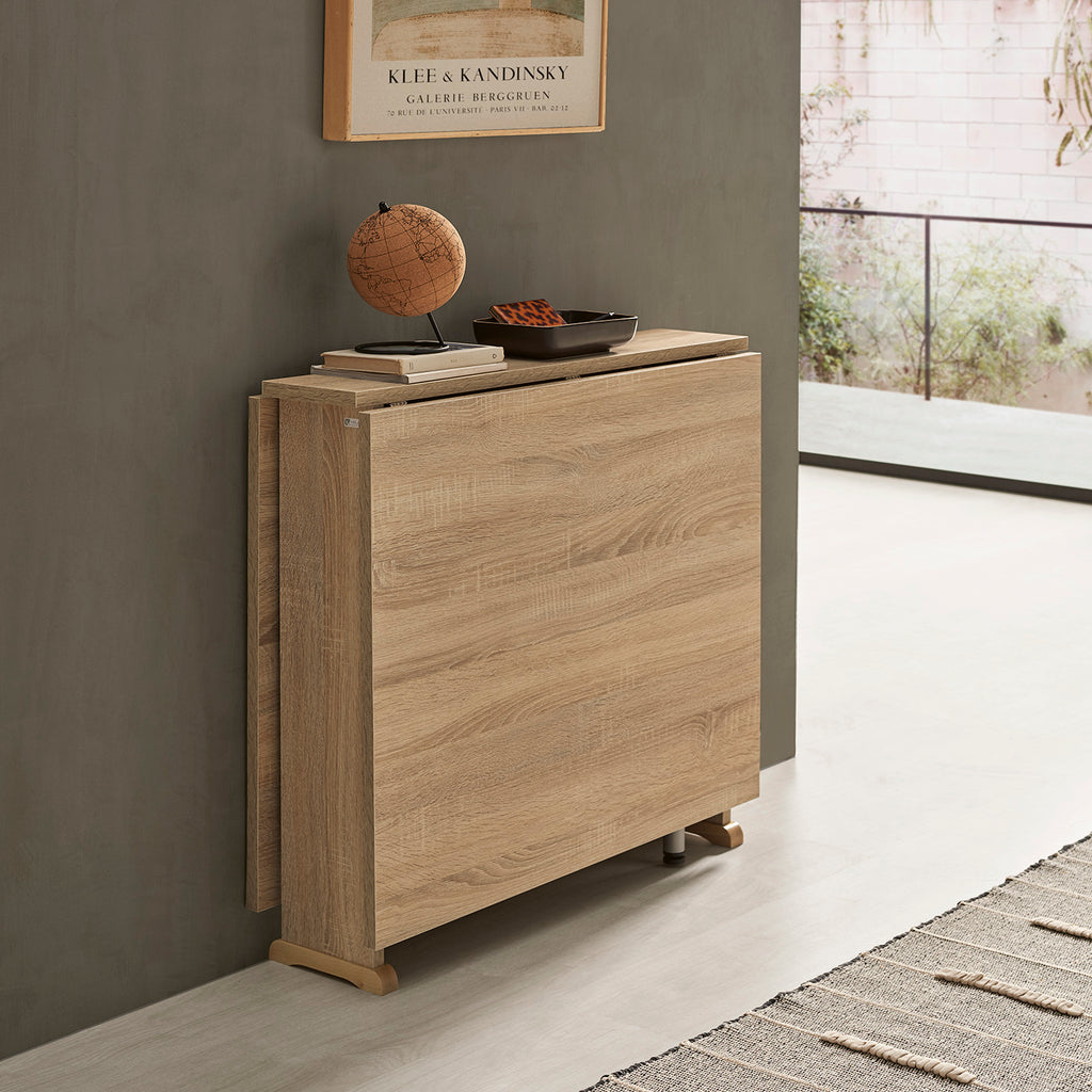 V VELASCO Mesa Consola Extensible BEA | Mesa Cocina Abatible con Alas, Madera Laminada Roble Hércules y Patas Metálicas de Aluminio, Ahorro de Espacio (Cerrada: 77x20 cm/Abierta: 77x150 cm)