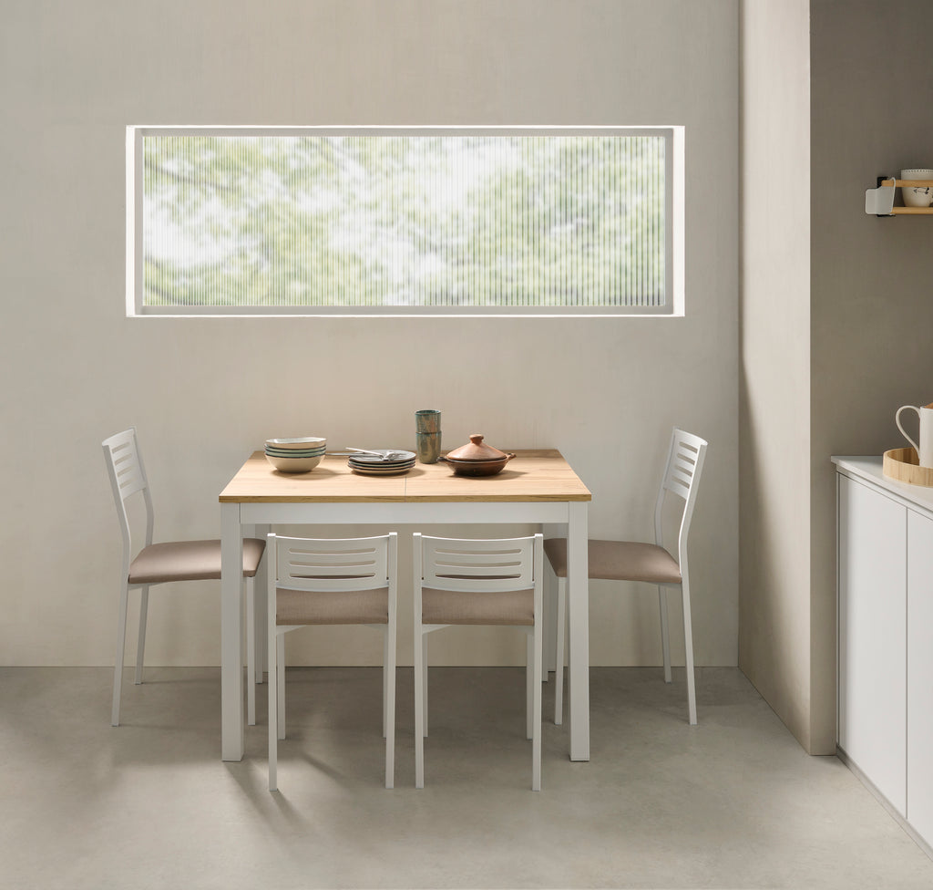 V VELASCO Mesa de Cocina Extensible Elda | Mesa Comedor de Madera Laminada Roble Hércules y Patas Metálicas Blancas, Apertura Frontal Telescópica (Cerrada: 100x45 cm/Abierta: 100x75 cm)