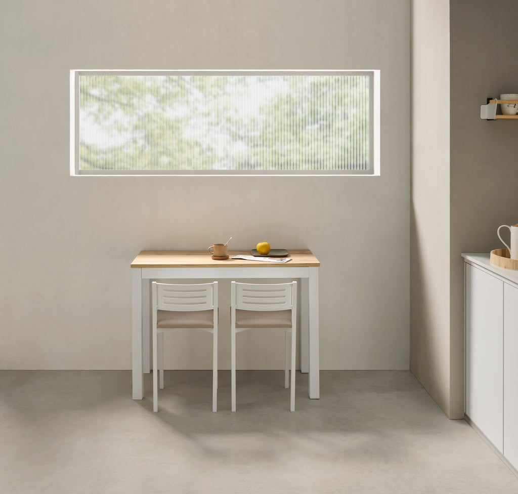 V VELASCO Mesa de Cocina Extensible Elda | Mesa Comedor de Madera Laminada Roble Hércules y Patas Metálicas Blancas, Apertura Frontal Telescópica (Cerrada: 100x45 cm/Abierta: 100x75 cm)