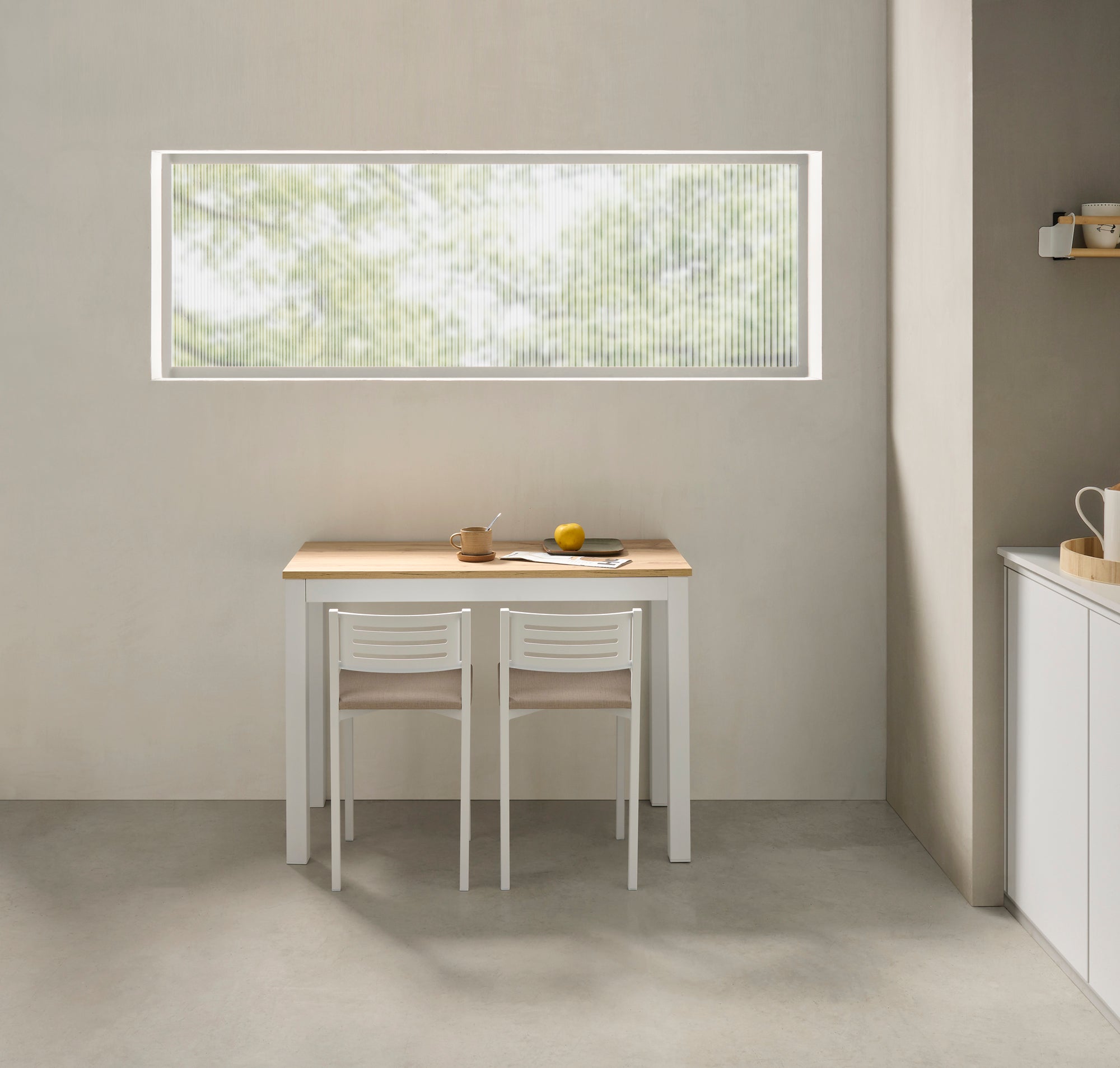 V VELASCO Mesa de Cocina Extensible Elda | Mesa Comedor de Madera Laminada Roble Hércules y Patas Metálicas Blancas, Apertura Frontal Telescópica (Cerrada: 100x45 cm/Abierta: 100x75 cm)