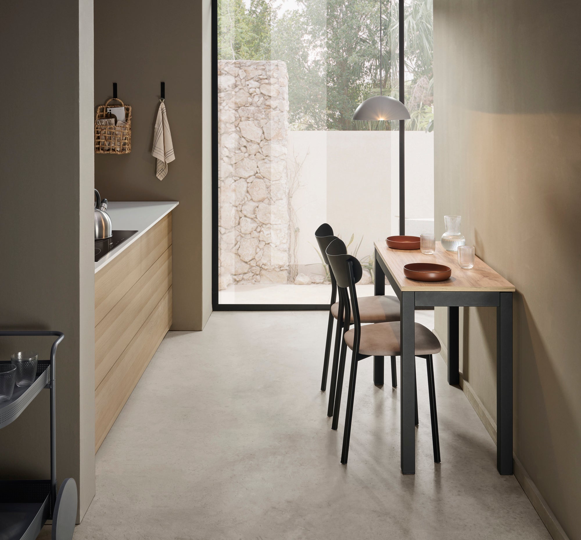 V VELASCO Mesa de Cocina Extensible Elda | Mesa Comedor de Madera Laminada Roble Hércules y Patas Metálicas Negras, Apertura Frontal Telescópica (Cerrada: 100x45 cm/Abierta: 100x75 cm)