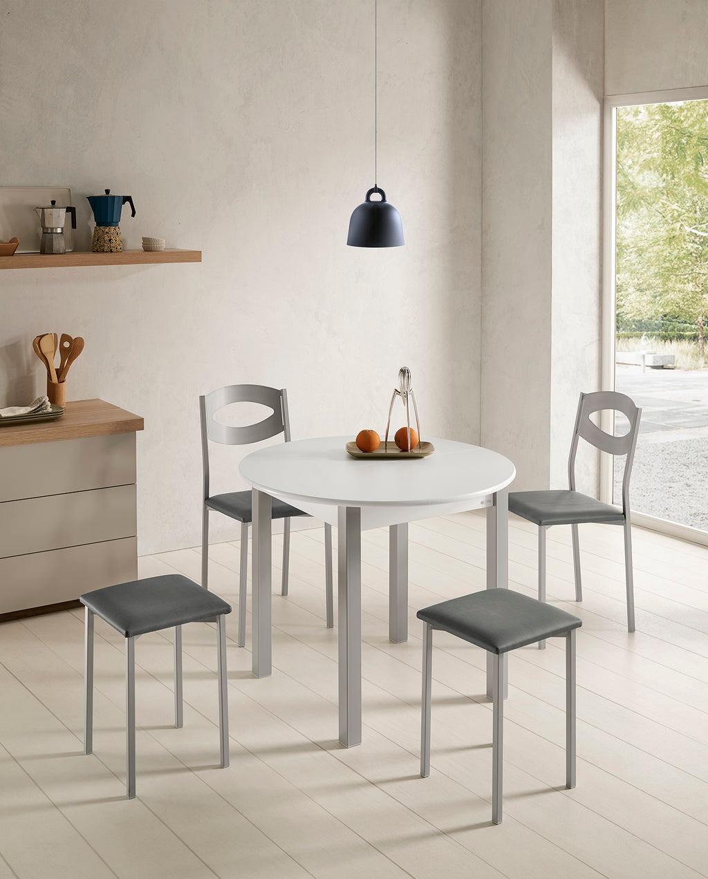 V VELASCO Mesa de Cocina Redonda Extensible Isla 90 cm | Mesa Comedor Circular de Madera Blanca y Patas de Aluminio | Abierta 115x90 cm
