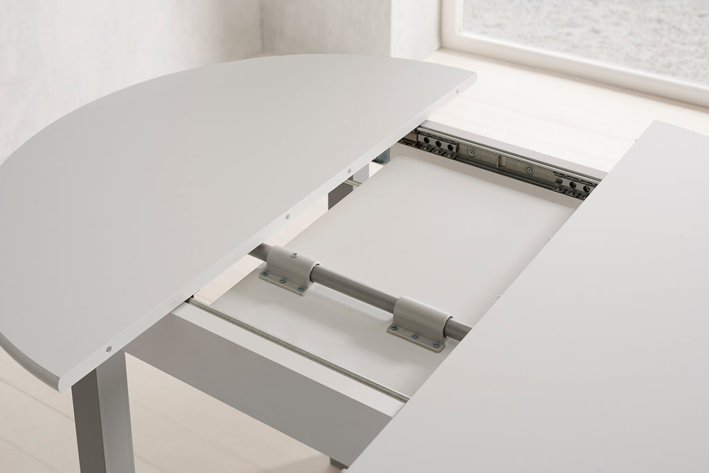 V VELASCO Mesa de Cocina Redonda Extensible Isla 90 cm | Mesa Comedor Circular de Madera Blanca y Patas de Aluminio | Abierta 115x90 cm