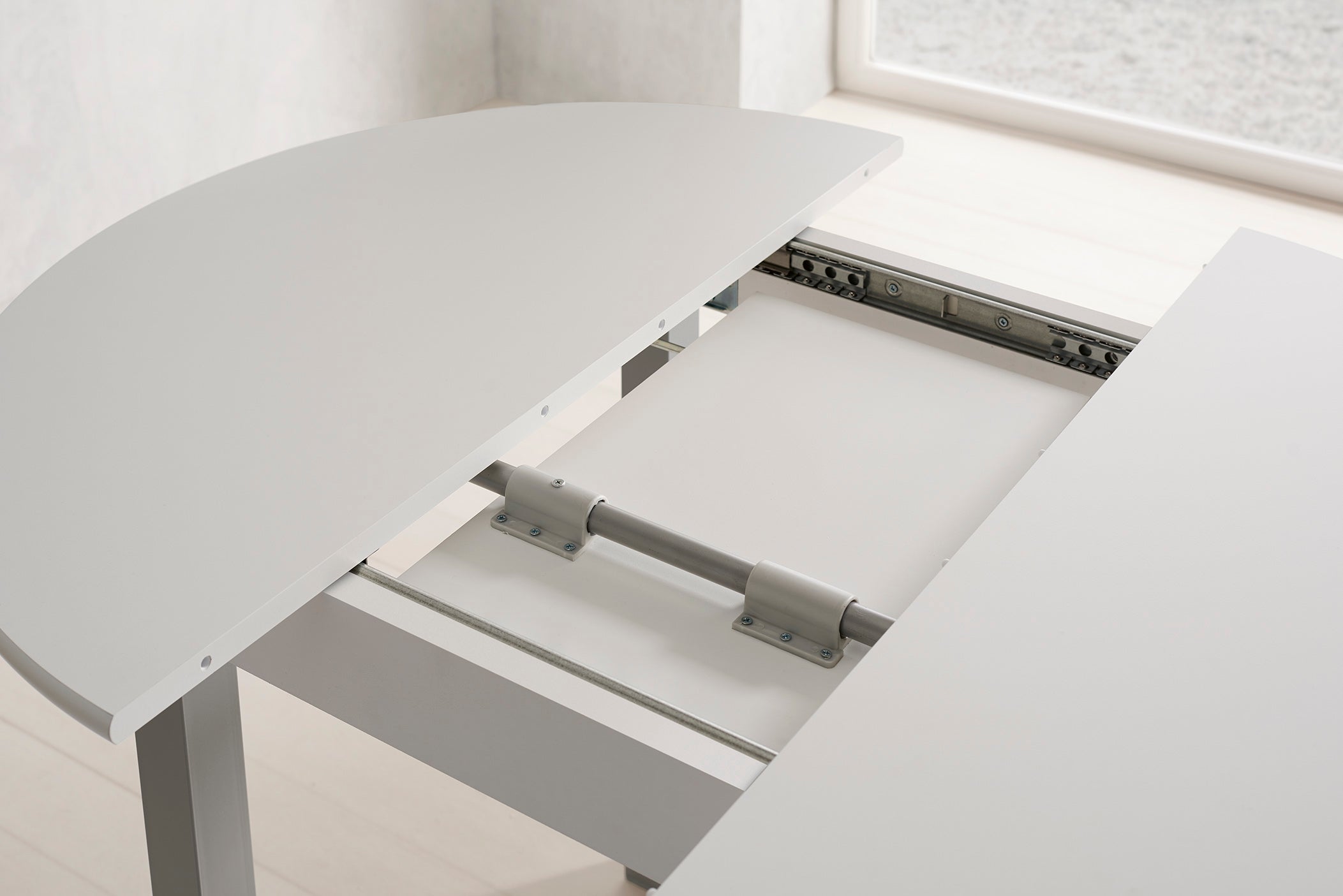 V VELASCO Mesa de Cocina Redonda Extensible Isla 90 cm | Mesa Comedor Circular de Madera Blanca y Patas de Aluminio | Abierta 115x90 cm