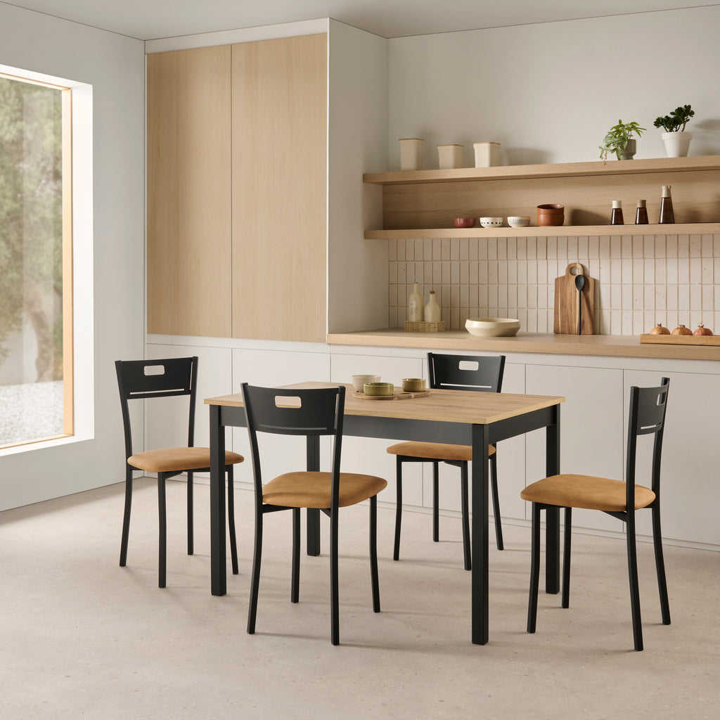 V VELASCO Mesa de Cocina Fija Niza 110x70 cm | Mesa de Comedor Rectangular para 4 Personas, Encimera de Madera Laminada Roble Hércules, Patas Metálicas Negras, Estilo Nórdico Industrial