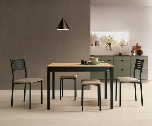 V VELASCO Mesa de Cocina Fija Niza 110x70 cm | Mesa de Comedor Rectangular para 4 Personas, Encimera de Madera Laminada Roble Hércules, Patas Metálicas Negras, Estilo Nórdico Industrial