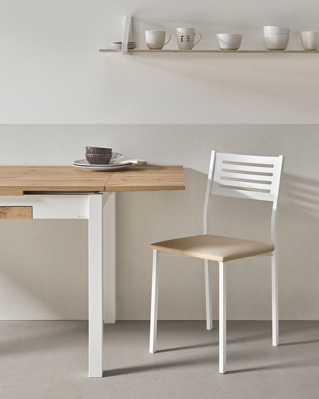 V VELASCO Mesa de Cocina Libro Nube (120-180 cm) | Mesa Comedor Moderna 6-8 Personas con Cajón | Madera Roble Hércules y Patas Metálicas Blancas