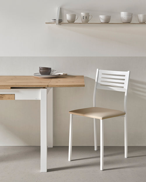 V VELASCO Mesa de Cocina Libro Nube 110/170x70 cm | Mesa Comedor con Cajón para Espacios Pequeños | Madera Roble Hércules y Patas Blancas