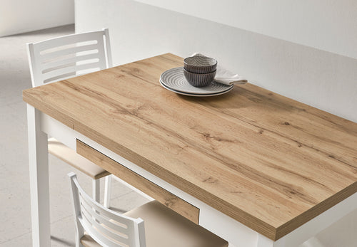 V VELASCO Mesa de Cocina Libro Nube (120-180 cm) | Mesa Comedor Moderna 6-8 Personas con Cajón | Madera Roble Hércules y Patas Metálicas Blancas