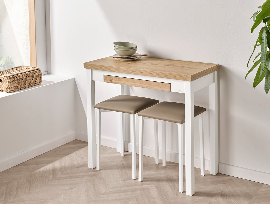 V VELASCO Mesa de Cocina Libro Nube (120-180 cm) | Mesa Comedor Moderna 6-8 Personas con Cajón | Madera Roble Hércules y Patas Metálicas Blancas