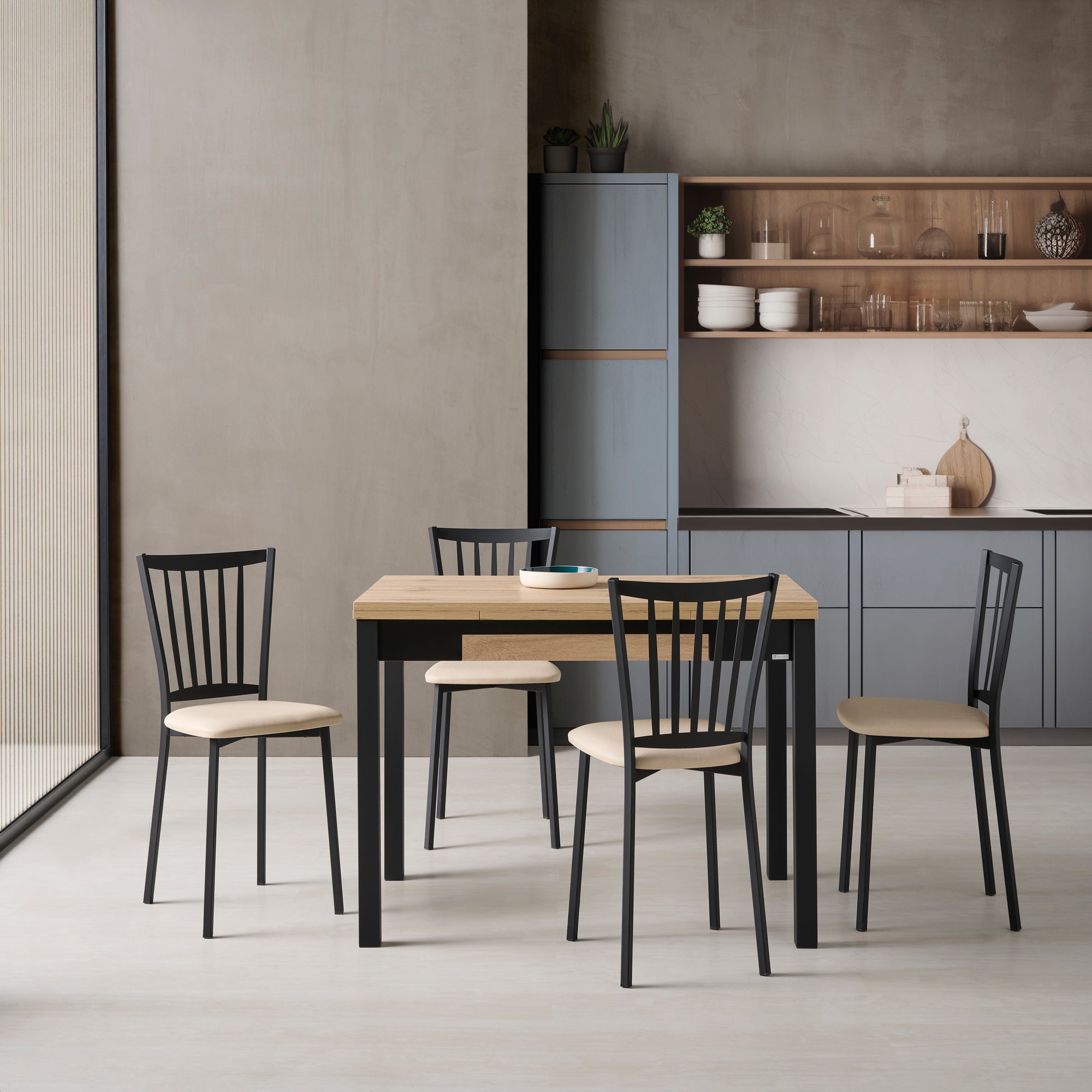 V VELASCO Mesa de Cocina Nube Roble Hércules | Mesa Extensible Libro 80x40 cm (Abierta 80x80) | Mesa Comedor Pequeña con Cajón y Patas Metálicas Negras Texturizadas para Espacios Reducidos
