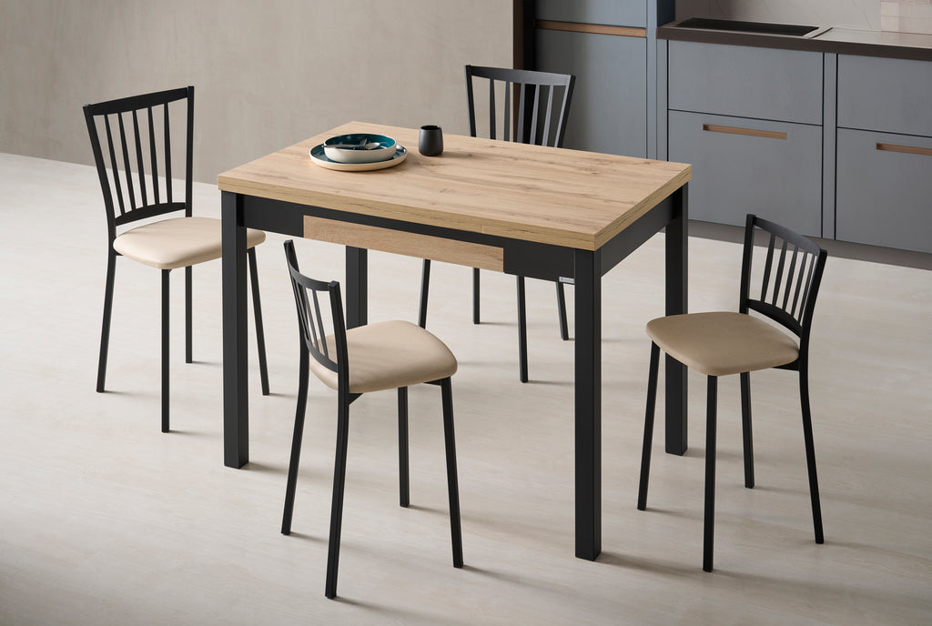 V VELASCO Mesa de Cocina Nube Roble Hércules | Mesa Extensible Libro 80x40 cm (Abierta 80x80) | Mesa Comedor Pequeña con Cajón y Patas Metálicas Negras Texturizadas para Espacios Reducidos