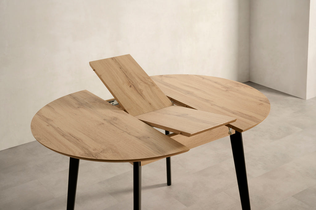 V VELASCO Mesa de Comedor Redonda Extensible Helen (90 a 120 cm) | Madera de Haya y Tablero Roble Hércules 19mm | Mesa de Cocina Redonda y Ovalada Estilo Nórdico Escandinavo para Espacios Pequeños