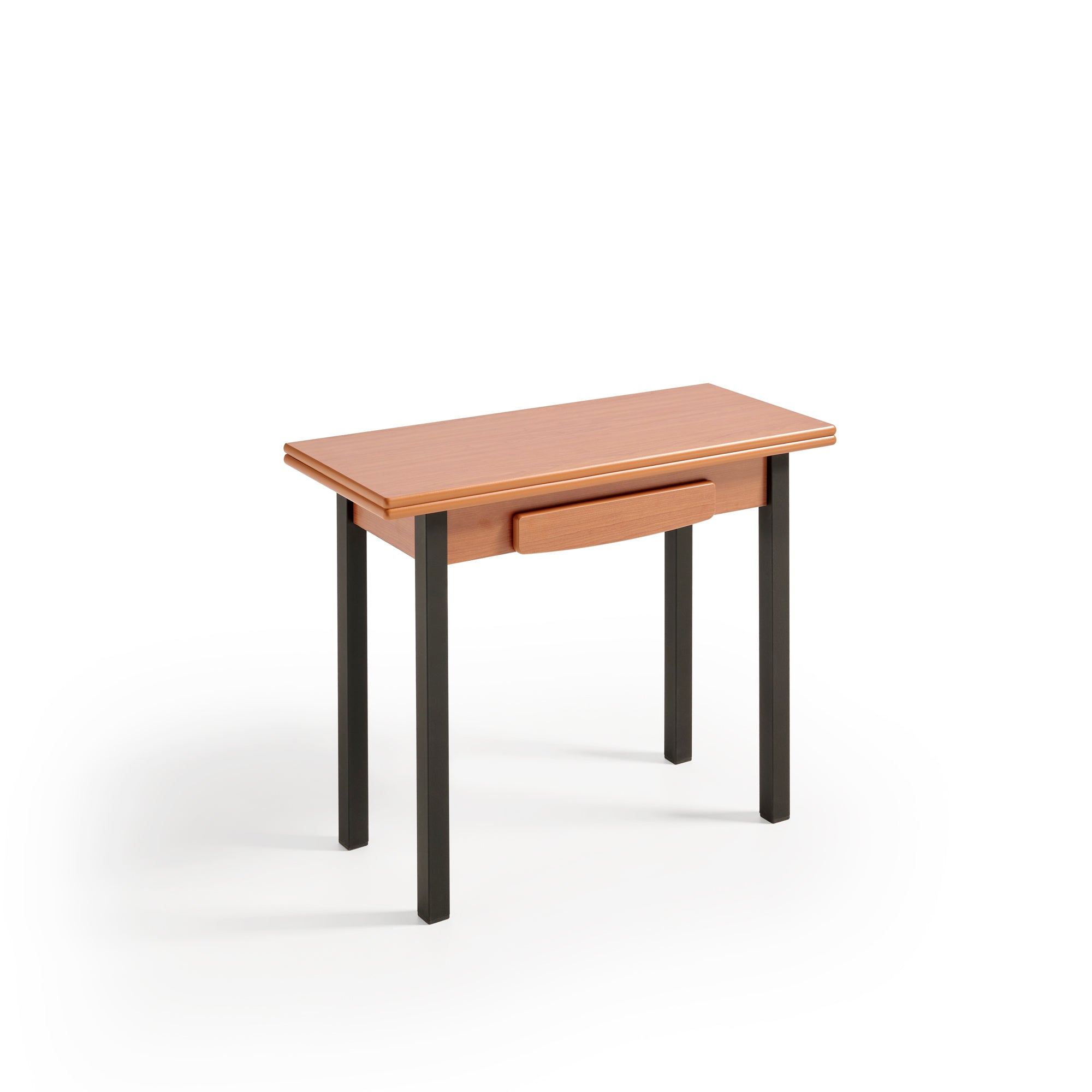 V VELASCO Mesa de Cocina Koral Color Cerezo | Mesa Extensible Libro 90x40 cm (Abierta 90x80) | Mesa Consola Pequeña con Cajón y Patas Metálicas Negras para Espacios Reducidos