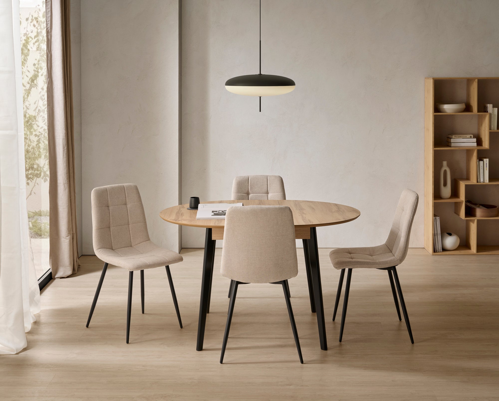 V VELASCO Mesa de Comedor Redonda Extensible Helen (90 a 120 cm) | Madera de Haya y Tablero Roble Hércules 19mm | Mesa de Cocina Redonda y Ovalada Estilo Nórdico Escandinavo para Espacios Pequeños