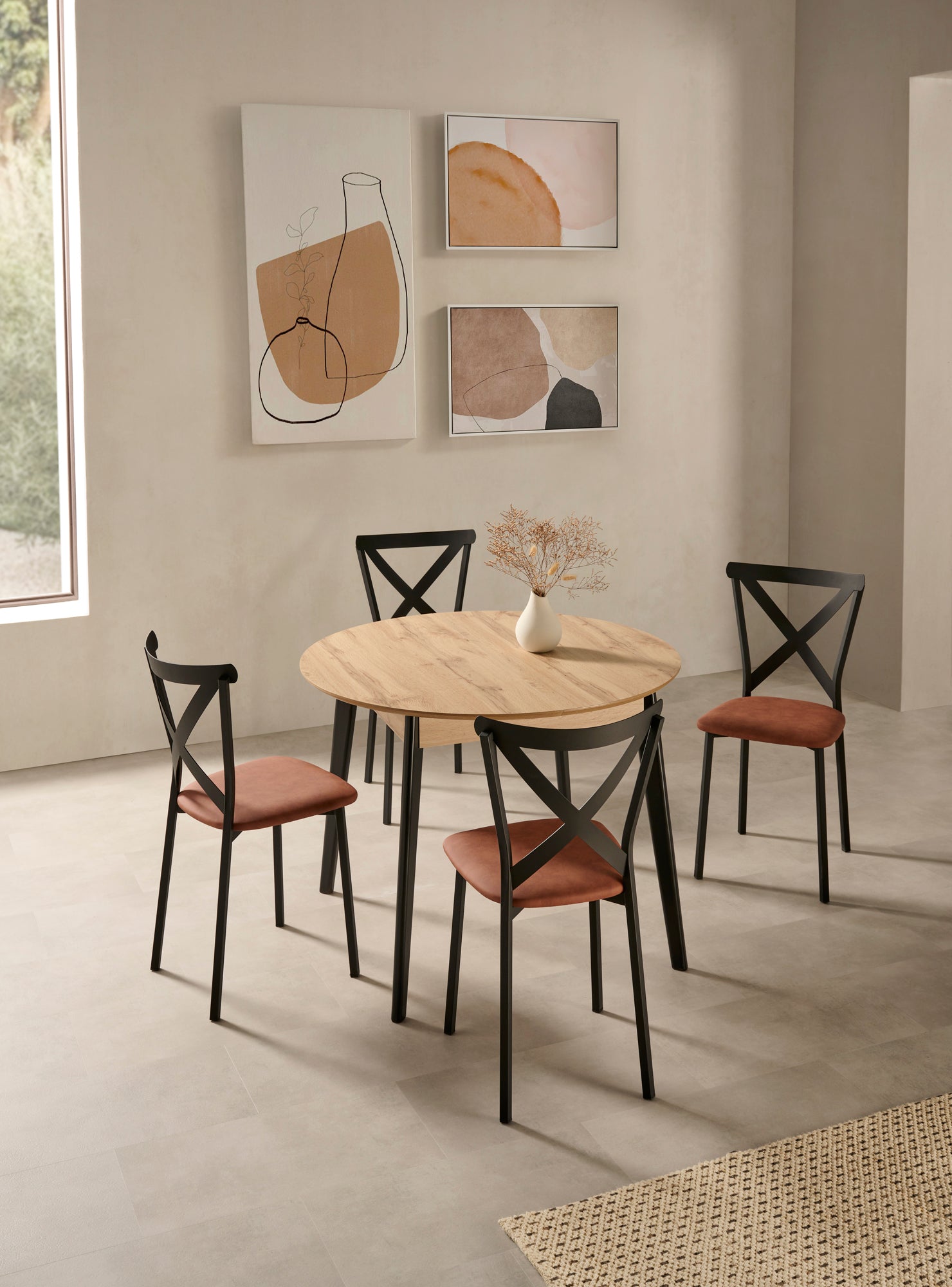 V VELASCO Mesa de Comedor Redonda Extensible Helen (90 a 120 cm) | Madera de Haya y Tablero Roble Hércules 19mm | Mesa de Cocina Redonda y Ovalada Estilo Nórdico Escandinavo para Espacios Pequeños