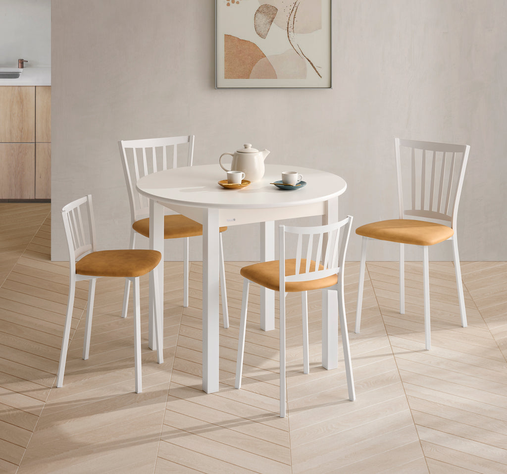 V VELASCO Mesa de Cocina Redonda Extensible Isla 90 cm | Mesa Comedor Circular de Madera Blanca y Patas de Aluminio | Abierta 115x90 cm